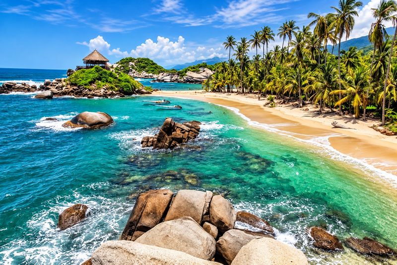Playa de arena y rocas en el Parque Tayrona