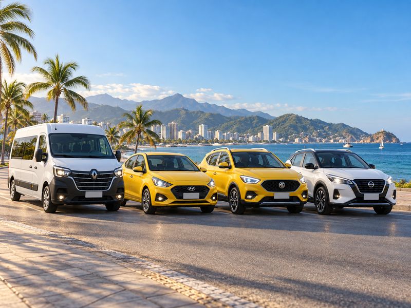 Imagen ilustrativa de taxis amarillos y una van blanca